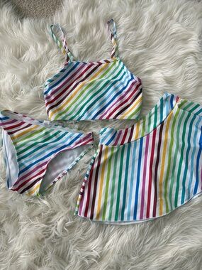 Rainbow Striped Bikini Set with Skirt